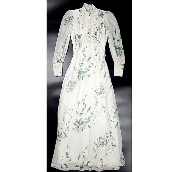Vintage Dresses & Skirts - VINTAGE 90s Victorian Cottagecore High Neck Button Down Maxi Dress White Floral
